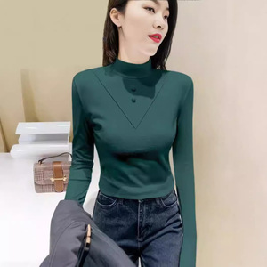 Women Long Sleeve High Neck Thermal Top Slim Fit Inner Wear Autumn Winter Warm Shirt Khaki Color Polyester Fabric - Product Image 2