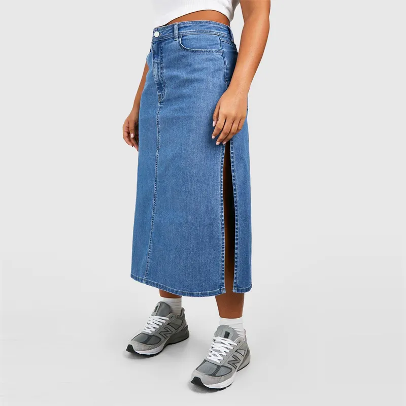 100% cotton women sexy hot plus size jean wrap skirt blue high waisted side split denim midi skirt