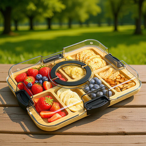 ถาดไม้ไผ่แบ่งช่องพร้อมฝาอะคริลิกสำหรับเสิร์ฟขนมหวาน ขนมอบ และซูชิ - Product Image 1