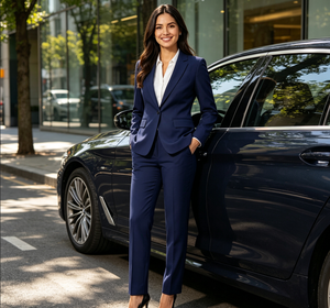 Ensemble de costume bleu marine pour femme : <span class=keywords><strong>blazer</strong></span> ajusté et pantalon droit à revers crantés – Tenue de travail formelle pour le bureau - Product Image 6