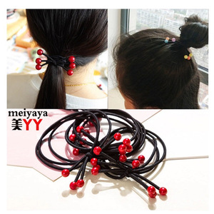 Cherry Shaped Hair Tie With <b>Red</b> <b>Beads</b> 6 <b>Beads</b> High Elasticity Ponytail Hair Band Casual For Adults And Children - Product Image 2
