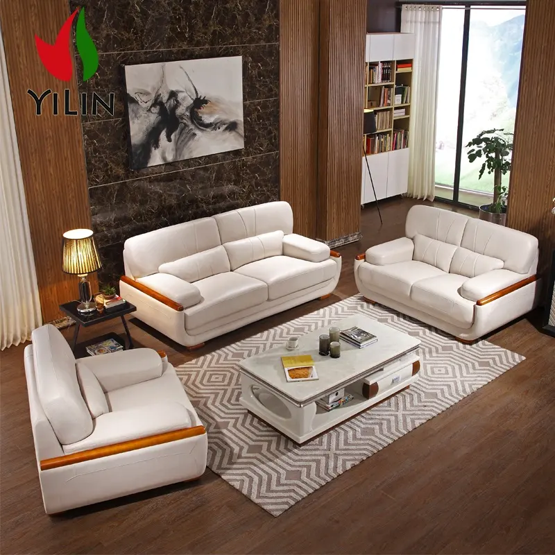 Meubles de salle de réception Design moderne canapés canapé sectionnel courbe en bois 321 sectionnel en cuir véritable canapé ensemble