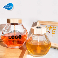 Bouteilles de miel vides de forme unique 250g 500g 1000g, pots à miel en verre transparent avec couvercle en bois, cuillère et louche
