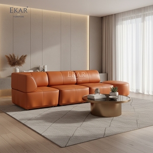 Sofá Modular de Cuero EKAR <span class=keywords><strong>Valencia</strong></span> con Otomana Redonda en Vibrante Color Naranja - Product Image 2