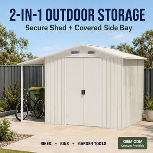 Galvanized Steel Garden Shed With Side Lean-to AS/NZS1170.2 Proof <b>Outdoor</b> Metal <b>Storage</b> OEM Custom for Australia - Product Image 1