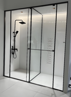 Cabine de douche coulissante carrée sans cadre moderne avec verre trempé et plateau circulaire en pierre artificielle - Conception portable pour usage hôtelier