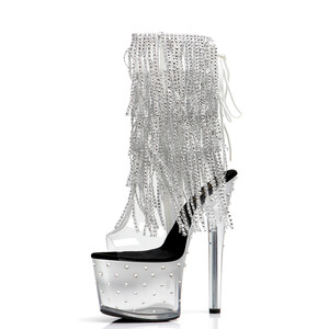 Nuevas Botas Cortas Exóticas para Club Nocturno, Punta Abierta, Adorno de Borlas con Pedrería Plateada, <span class=keywords><strong>Plataforma</strong></span> de 17 cm (7 Pulgadas), Tacón Alto y Delgado, Botines - Product Image 2