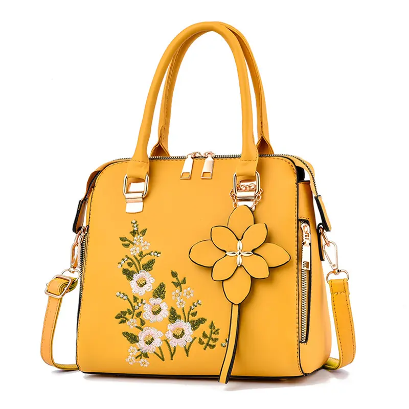 Yellow Leather Newest Lady Fashion Tote Handbag Embroidered Handbags One Shoulder Crossbody Bag for Women
