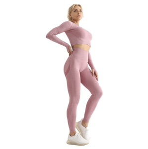 Personnalisé à manches longues avec trous pour les pouces minceur Sexy sans couture tricoté Yoga ensemble haute Stretch Fitness Yoga 2 pièces pour les femmes - Product Image 4