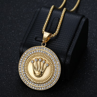 Colliers de luxe Hiphop Crown en acier inoxydable avec zircon et PVD, bijoux de mode plaqués or pour femmes et hommes 2024