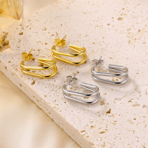 Boucles d'oreilles en acier inoxydable de style minimaliste en forme de C double couche plaquée <span class=keywords><strong>or</strong></span> - Product Image 4