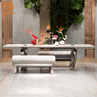 Meubles de salle à manger modernes, table à manger en marbre argenté en acier inoxydable, designs de table à manger personnalisés, table à manger en ardoise blanche