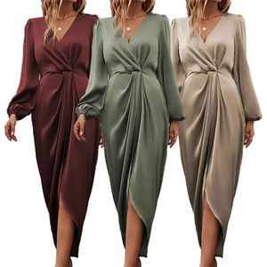 Robe de soirée décontractée pour femme, tricotée, à manches longues lanternes, col en V, plissée, couleur unie, taille haute, lavable, idéale pour le bureau - Product Image 1