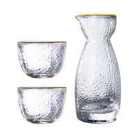Ensemble de verrerie minimaliste de style japonais Haisiman, comprenant un pot à saké à finition martelée et bordure dorée, un carafe à Baijiu et un petit pot à saké.