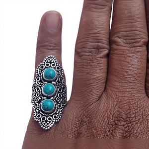 Bague pour femme en argent plaqué avec pierre précieuse ronde de 6 mm, pierre turquoise, bijoux rétro, idéale pour les fêtes et les cadeaux - Product Image 4