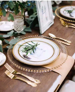 Assiette de présentation élégante en <span class=keywords><strong>verre</strong></span> transparent avec bord doré et perles, 32 cm, pour mariage et réception, vente en gros - Product Image 3