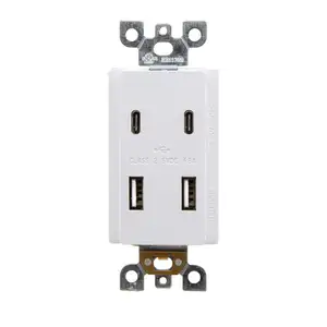 USB Receptacle 4.8A USB C/A 4 USB Wall Charger Ports, Vertical Multi-Plug Socket, Outlet Wall Plate Included - White