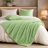 Couverture de lit d'hiver en fausse fourrure de lapin jacquard, double couche, super douce et chaude, motif grille 3D, vert sauge de luxe