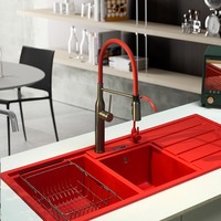 Évier de Cuisine Rouge FLG avec Égouttoir, en Pierre de Quartz, Grande Double Cuve, en Granit, pour Cuisine, Bac Unique