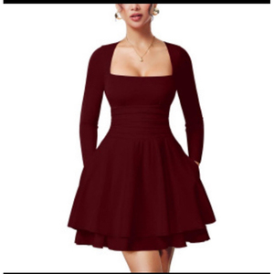 Abito Mini Personalizzato con Scollo Quadrato e <span class=keywords><strong>Maniche</strong></span> <span class=keywords><strong>Lunghe</strong></span>, Vestito Plissettato Tinta Unita, Abito Corto Aderente Sexy per Feste - Product Image 5