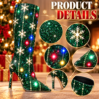 Bottes de Noël en gros, hauteur genou, vertes, à paillettes, imprimé flocon de neige, talons aiguilles, bout pointu, pour fêtes et événements festifs