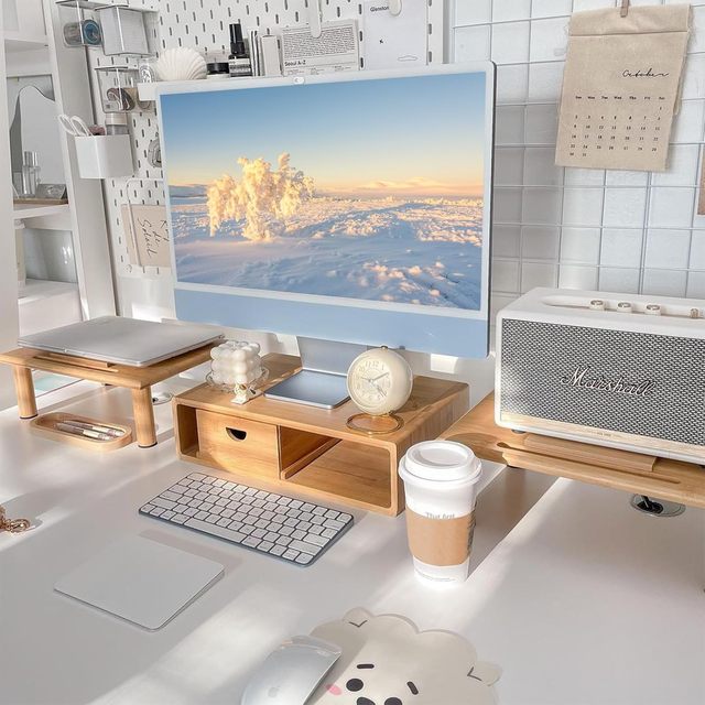 Double Monitor Stand with Drawer for Desk, Laptop Desk Shelf with Adjustable Length and Angle