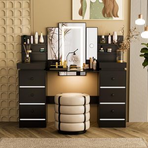 Miroir de coiffeuse moderne avec éclairage LED Wenfeng OEM/ODM avec <span class=keywords><strong>8</strong></span> <span class=keywords><strong>tiroirs</strong></span>, 6 étagères, 3 modes d'éclairage, coiffeuse de salle de bain réglable - Product Image 2