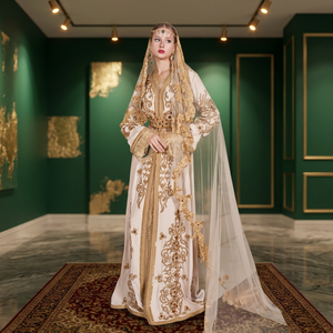 Vestido de Novia Musulmán Árabe Bordado hasta el Suelo, Jalabiya Kaftan con Cola Watteau, Cuello Alto, Mangas Largas, Adornado con Cuentas, Natural - Product Image 2