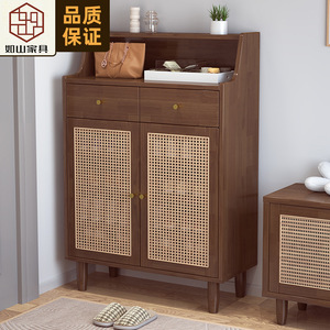 Nordic Solid Wood <b>Shoe</b> Cabinet With Rattan Doors For Entryway And Living Room <b>Storage</b> - Product Image 1