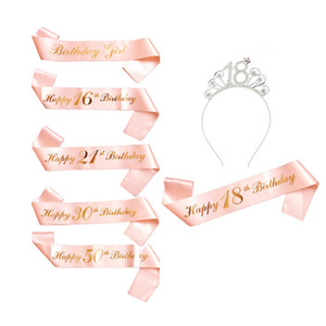 Écharpe de Fête d'Anniversaire pour Femme, Couronne et Bandeau Or Rose, Lettres Personnalisées, Accessoire de Fête, Bandoulière 18 21 30 50 ans - Product Image 1