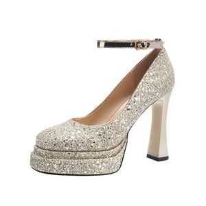 Y9595-5 Glitter <b>Platform</b> Block <b>Heel</b> <b>Ankle</b> <b>Strap</b> Mary Jane Pumps Round Toe Satin Lining Wedding Dress Shoes - Product Image 5