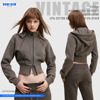 Hoodie Batik Wanita Pendek dengan Kerah Berkerudung, Resleting YKK, dan Topi Lepas Pasang, Bahan Fleece Vintage 400g