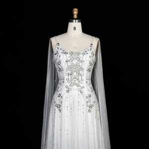 Jancember LSZ538 Elegante Abito da Sera Bianco con Spalline Sottili e Cristalli, Vestito Formale con Mantella - Product Image 5