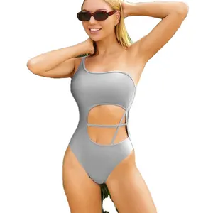Custom New Design Sexy Solid One Piece Bikini Beachwear One Shoulder High Slit Bandeau Swimsuit Women Hollow Out Swimwear
