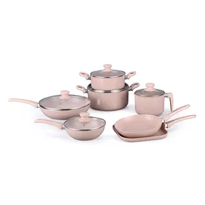 Ensemble de 12 casseroles et poêles, ustensiles de cuisine en aluminium doux au toucher rose