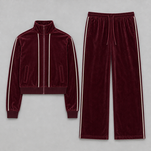 Clothing Manufacturer Custom OEM Burgundy <b>Velour</b> Piping Stand Collar Track Jacket And Wide Leg Pants Set <b>Mens</b> <b>tracksuits</b> - Product Image 2