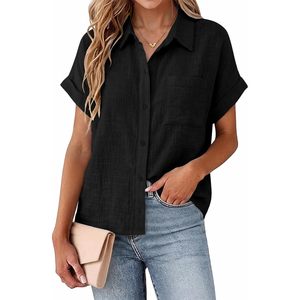 Womens Cotton Linen Button Down Shirt Short Sleeve Solid Summer <b>Blouse</b> With Pocket Casual Everyday Top - Product Image 1