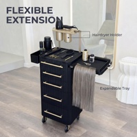 Chariot de Salon de Luxe à 5 Tiroirs avec Support Doré pour Sèche-Cheveux et Plateau Latéral Extensible, Rangement Mobile à Roulettes pour Outils de Salon de Coiffure