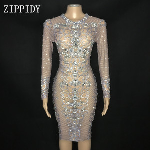 Sparkly <strong>Silver</strong> Rhinestones See Through <strong>Dress</strong> Prom Party Mesh Outfit <strong>Women</strong> Dance <strong>Dress</strong> Birthday Celebrate <strong>Dress</strong> - Product Image 1