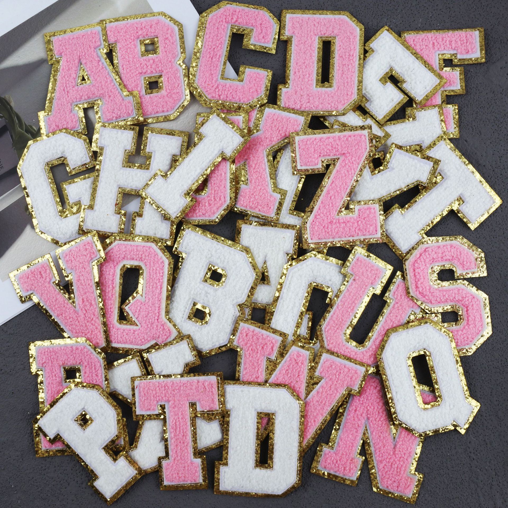 Custom Big Logo Colorful Embroidery Towel Chenille pink Letters iron on alphabet Patches for Applique