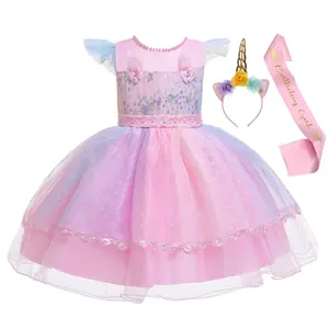 Princess Girl Dress Long Tulle Gown Flower Baby Girls Birthday Costume With Party Headband