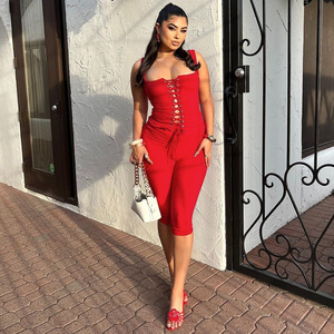 S4A17684A Sexy Completo Due Pezzi da Donna, Tinta Unita Rossa, Top alla Moda - Product Image 2