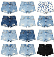 Celana Pendek Denim Kasual Vintage Biru Patchwork Distressed Kancing Depan Pinggang Rendah Potongan Lurus Ramah Lingkungan Bernapas Regular