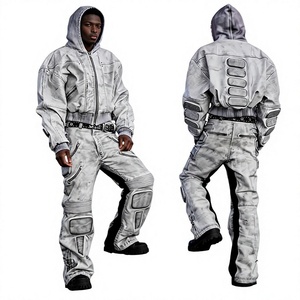 Ensemble de survêtement unisexe en denim délavé foncé, veste boutonnée pleine longueur, coupe classique, style streetwear décontracté, 100 % coton, poids moyen, respirant - Product Image 3