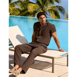 FOXA <b>Mens</b> 2 Piece Cotton <b>Shirt</b> Set Summer <b>Beach</b> Casual Outfit Breathable Long Pants Short Sleeve Button Down Top - Product Image 3