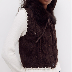 <span class=keywords><strong>Gilet</strong></span> in Maglia a Trecce con Collo in Pelliccia Sintetica <span class=keywords><strong>Marrone</strong></span> Scuro per <span class=keywords><strong>Donna</strong></span>, Look Casual alla Moda Wisrise - Product Image 3