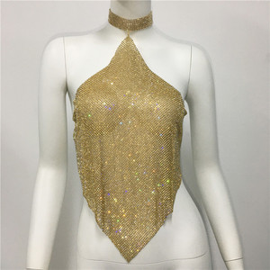 Halter Bling Sequined Women's Night Club Low Cut Halter Metal Sequins Chain Strap Deep V Exposed Umbilical tank Tops  0828 - Product Image 5