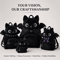 Sac à dos en peluche personnalisé noir motif chauve-souris et chat, sac à dos doux pour enfants et adultes, cadeau OEM ODM