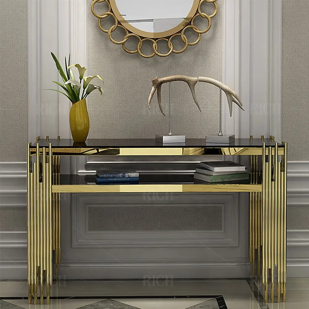 Tavolo da corridoio moderno e sottile consolle in metallo dorato in acciaio inossidabile consolle moderna con piano in vetro stretto
