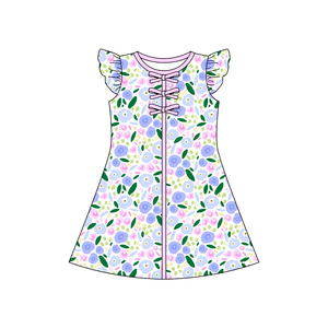 Vestido infantil personalizado GSD3854 con estampado de flores moradas para niña, vestido de manga corta para bebé, venta al por mayor. - Product Image 4